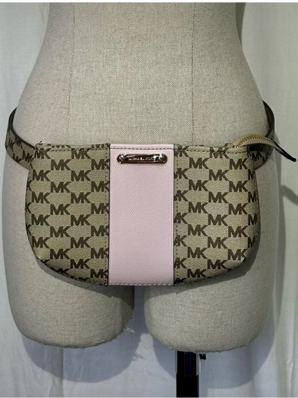 Michael Kors Beige Logo Canvas Crossbody with Pink Center Panel